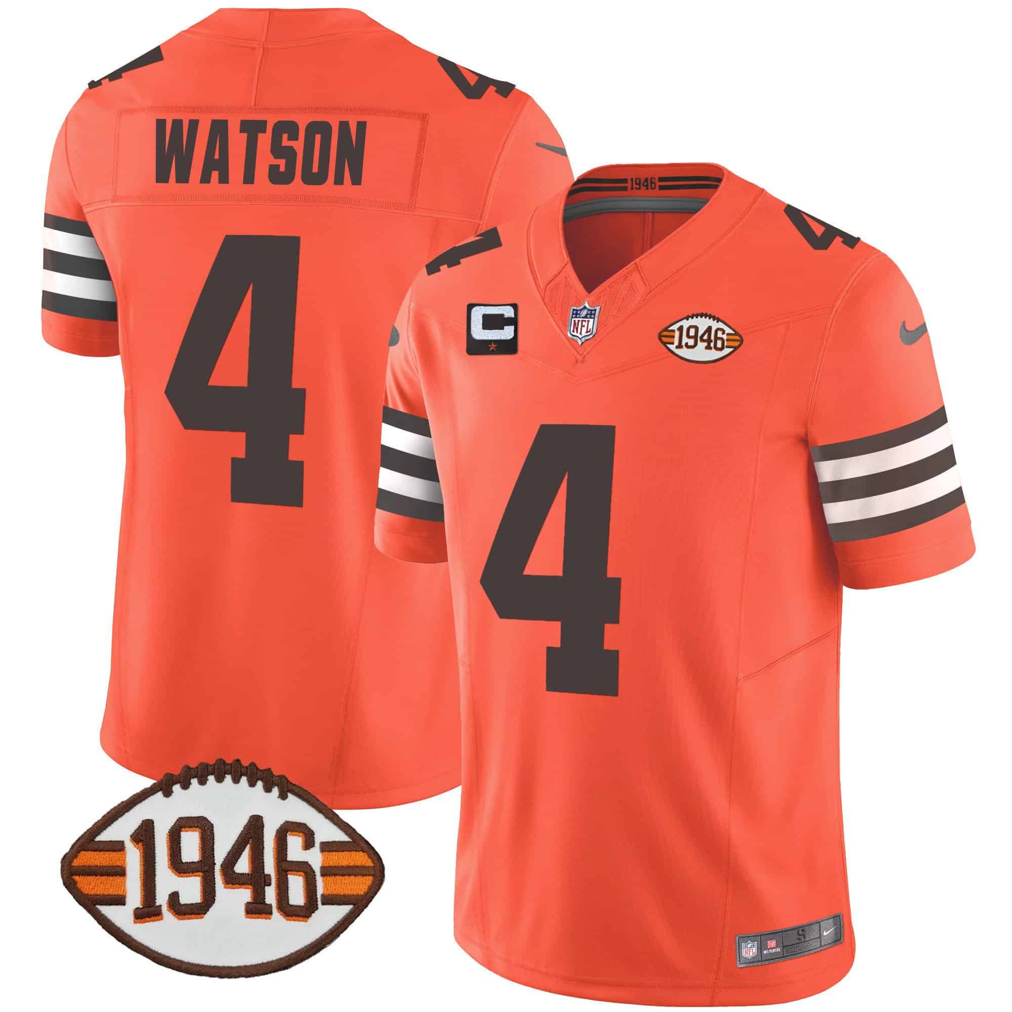 Men Cleveland Browns 4 Watson Orange 1946 75th Anniversary Patch 2024 Nike NFL Jersey
